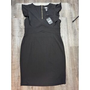 DKNY Womens Black Ruffle Sleeve V-Neck Sheath Dress Gold Zip DD3A1544 Size 12